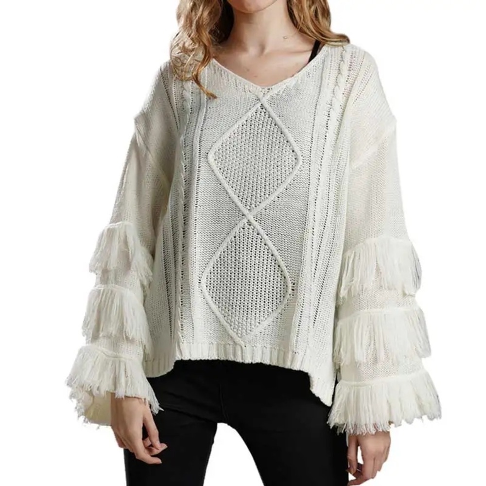 Boutique Cream knitted fringe sleeve sweater